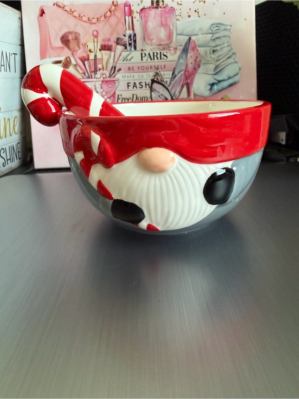 Festive Candy Cane  Cheese Gnome Holiday Bowl - Red and White with Spreader